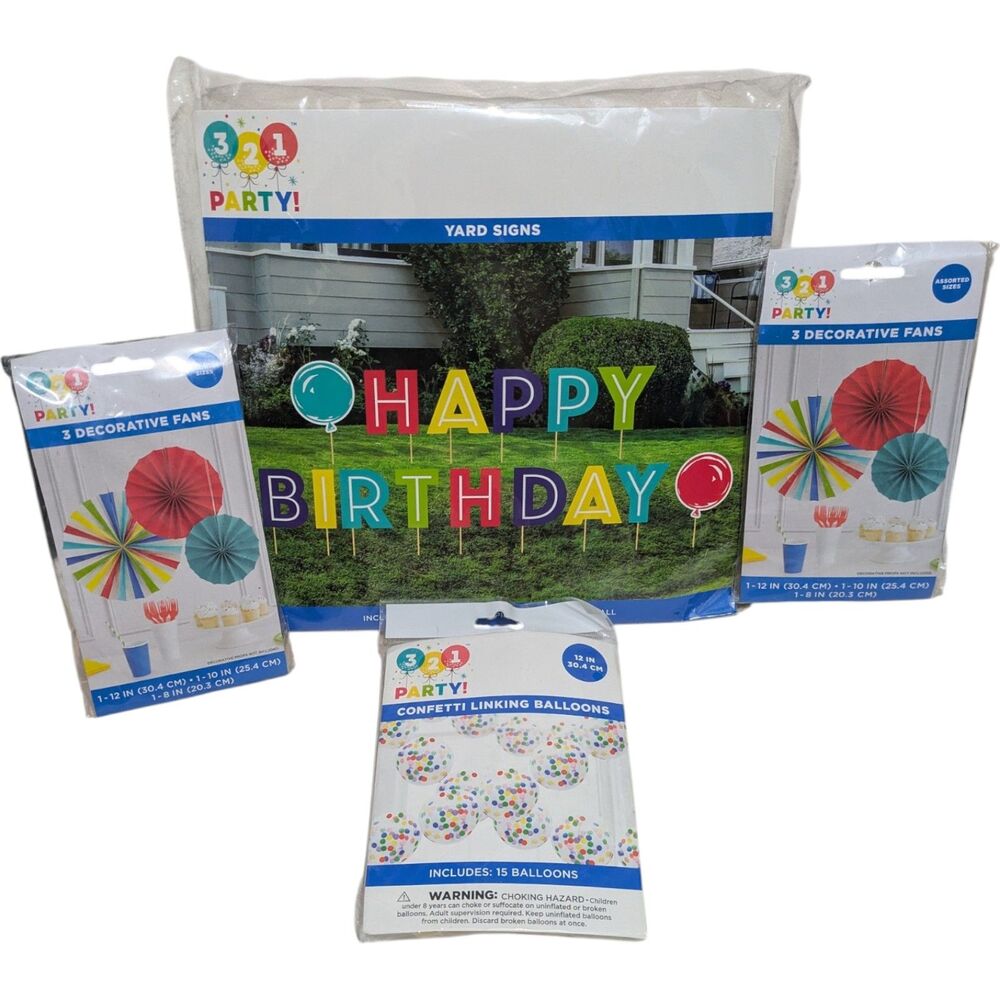 Birthday Party Decorations Bundle Yard Sign Balloons Decorative Fans Colorful